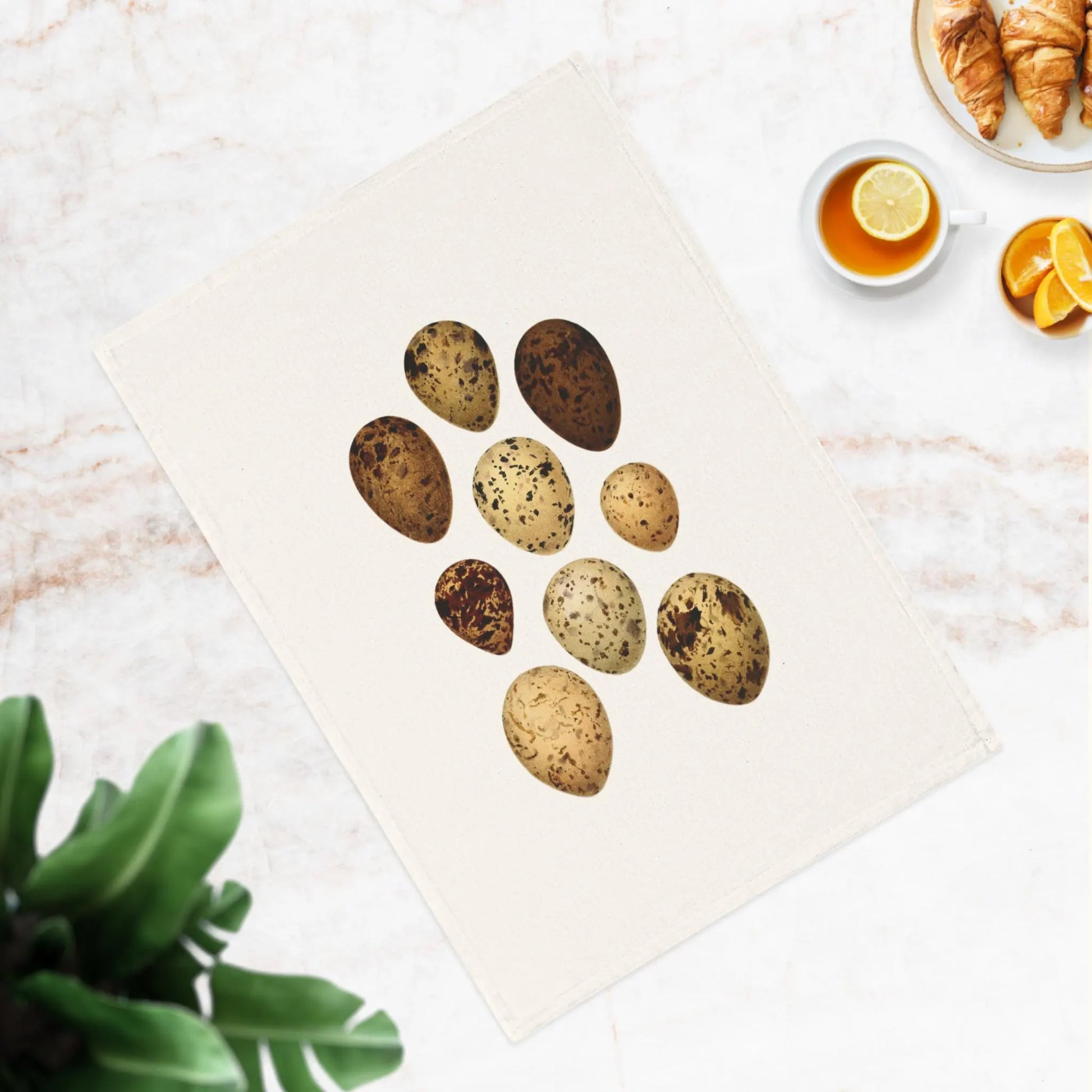 Botanical art journal with vintage speckled egg illustration on marble table, LeBonJournal