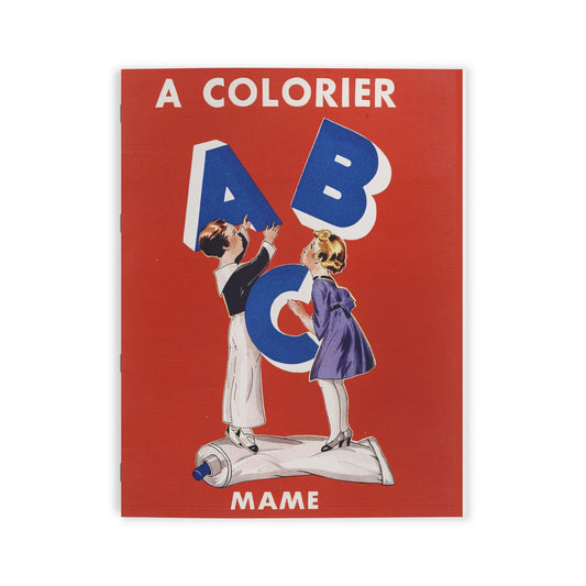 A.B.C. à Colorier vintage coloring book cover featuring two children playing with alphabet letters on red background - 1938 Gaston Marechaux illustration - LeBonJournal
