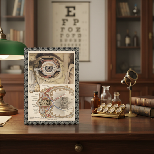 A. Fiedler anatomical eye journal on vintage ophthalmology office desk with Snellen chart trial lenses and antique medical instruments - LeBonJournal
