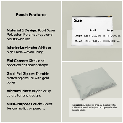 Accessory pouch size guide showing Small 21×15 cm and Large 30×21 cm dimensions with packaging details - LeBonJournal