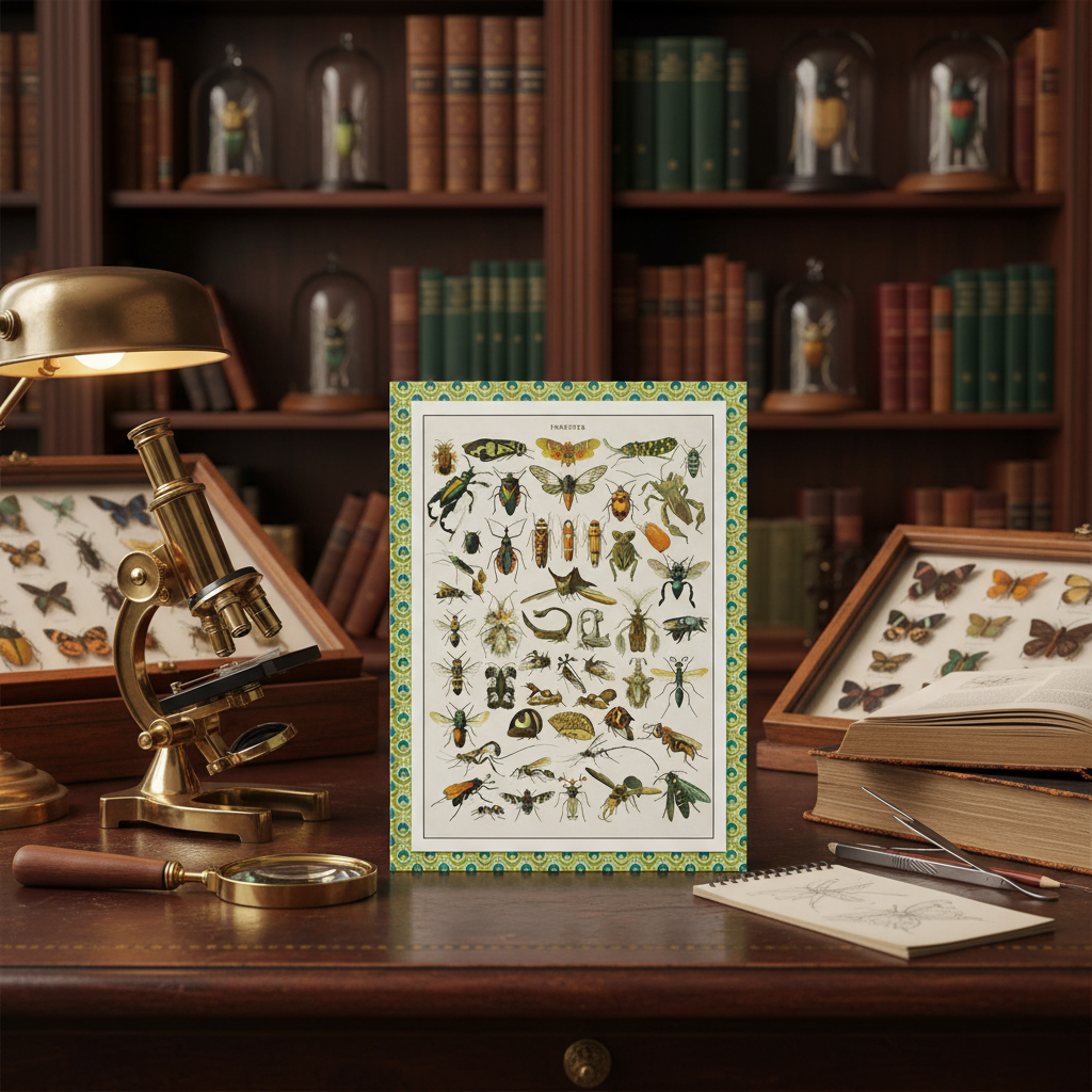 Adolphe Millot entomology journal on Victorian mahogany desk with brass microscope, forceps, specimen domes and butterfly display cases - LeBonJournal