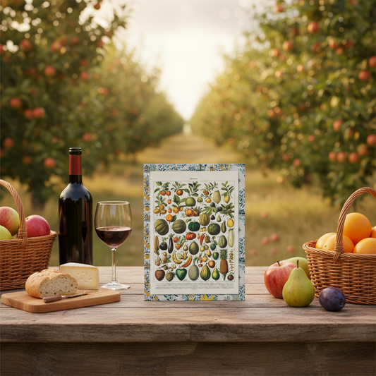 Adolphe Millot fruits Larousse journal on rustic wooden table in French orchard with cheese board, country bread, red wine, apples and oranges - LeBonJournal