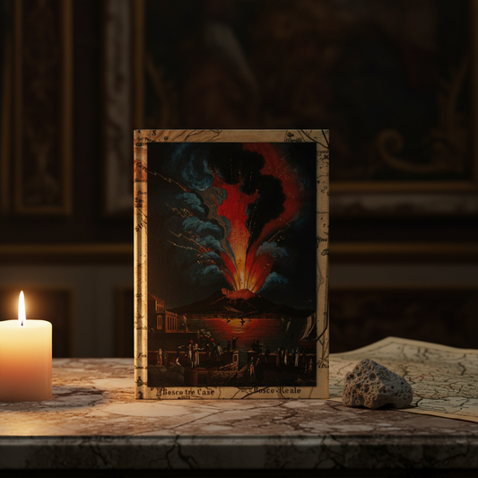 Alessandro d'Anna 1779 Vesuvius aquatint hardcover journal on marble surface with volcanic pumice stone and antique map of the Kingdom of Naples in warm candlelight - LeBonJournal