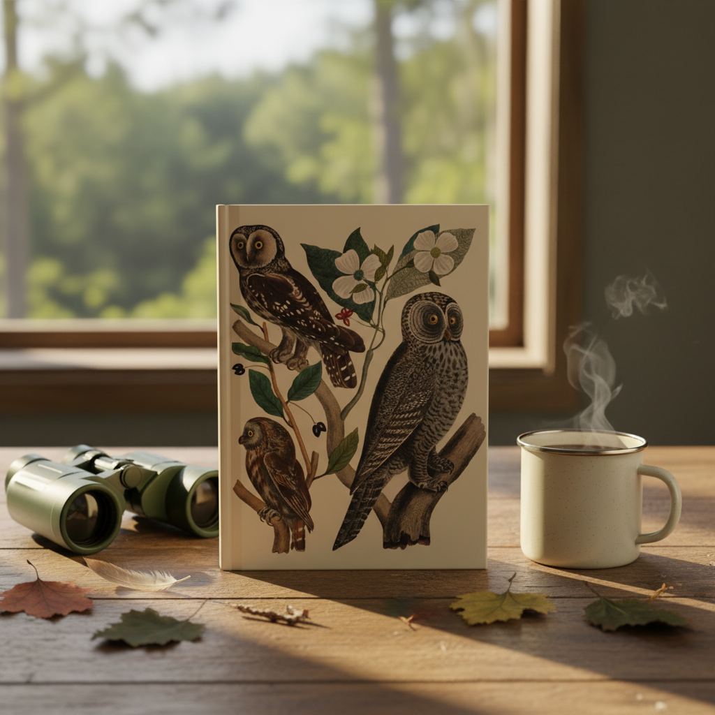 American Owls hardcover journal standing upright on rustic wooden table with binoculars, enamel camping mug, feather and natural elements, warm golden light through window with forest view, wildlife stationery for bird watchers and ornithology enthusiasts - LeBonJournal