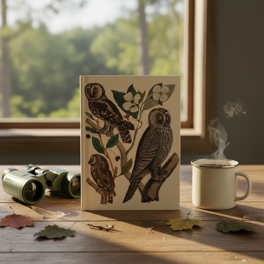 American Owls hardcover journal standing upright on rustic wooden table with binoculars, enamel camping mug, feather and natural elements, warm golden light through window with forest view, wildlife stationery for bird watchers and ornithology enthusiasts - LeBonJournal