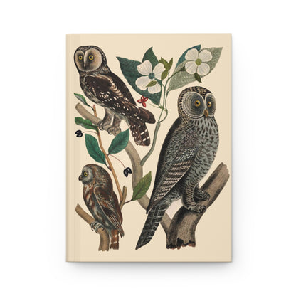Front cover of American Owls journal featuring Wilson's three owl species with dogwood branches from American Ornithology 1808-1835, hand-colored engraving on premium matte hardcover - LeBonJournal