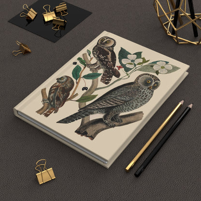 American Owls hardcover journal in lifestyle setting, premium matte finish journal featuring Wilson's ornithology illustrations, elegant stationery for bird watchers, naturalists, and wildlife enthusiasts - LeBonJournal