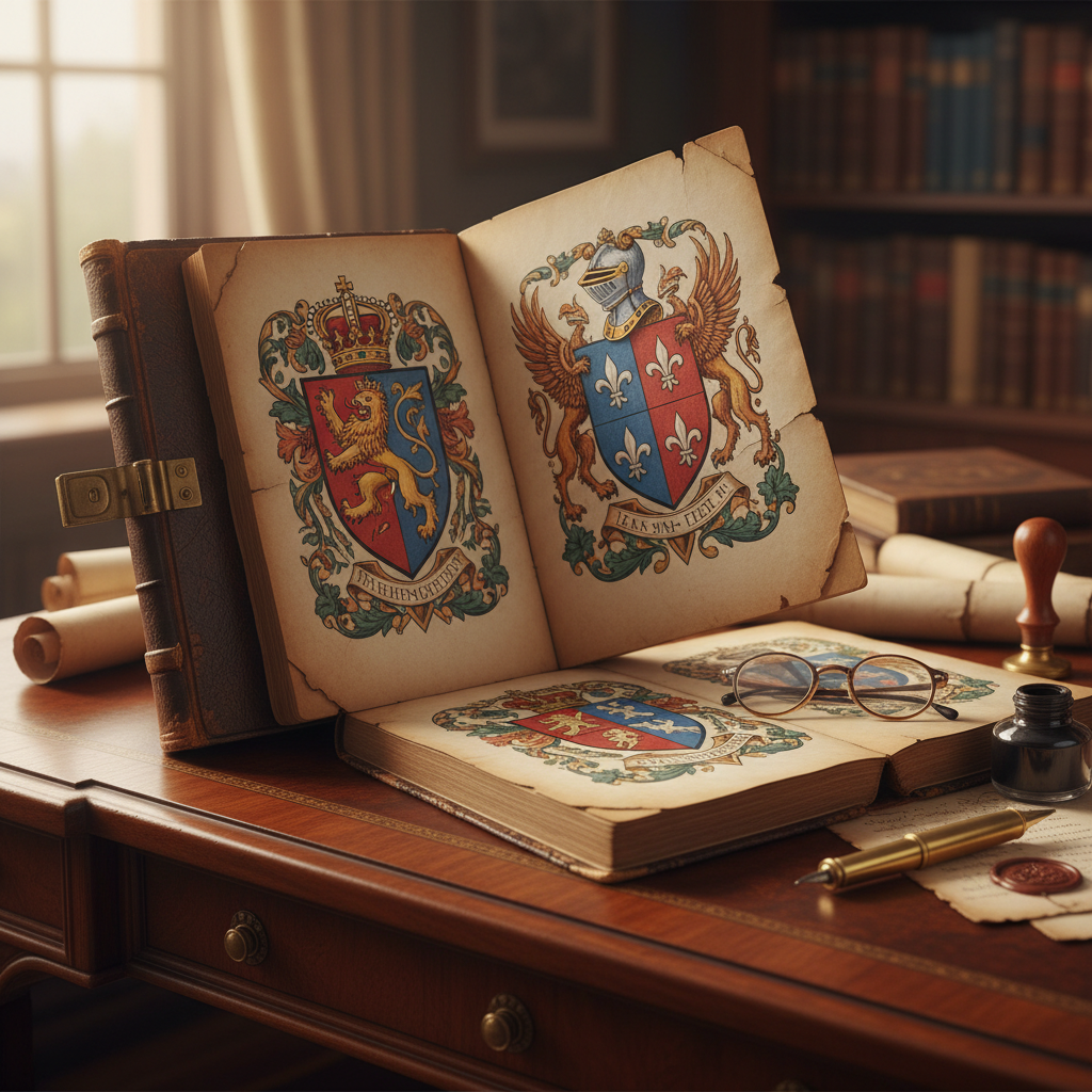 Vintage heraldry book open showing medieval coats of arms illustrations - LeBonJournal