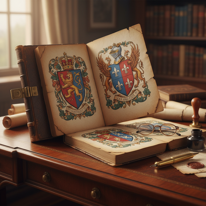 Vintage heraldry book open showing medieval coats of arms illustrations - LeBonJournal