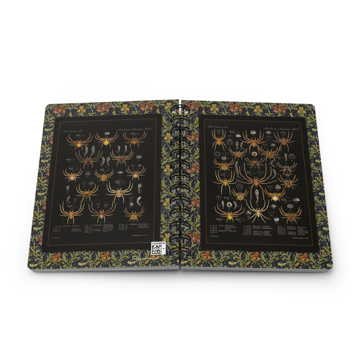 Arachnida spider spiral journal exterior open showing front and back covers with black metal spiral binding - LeBonJournal