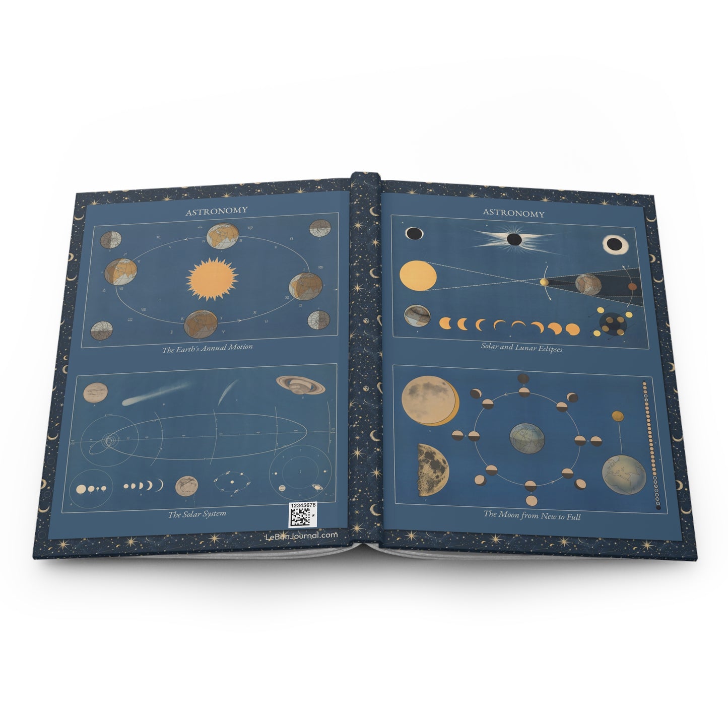 Open Astronomy journal showing durable casewrap binding, hardcover construction with N. Ringström 1950 Swedish astronomy posters on front and back covers, and flexible spine for lay-flat writing - LeBonJournal