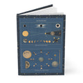 Hardcover astronomy journal standing upright showing front cover with N. Ringström 1950 Swedish educational poster featuring solar and lunar eclipses and moon phases from new to full on matte finish cover - LeBonJournal