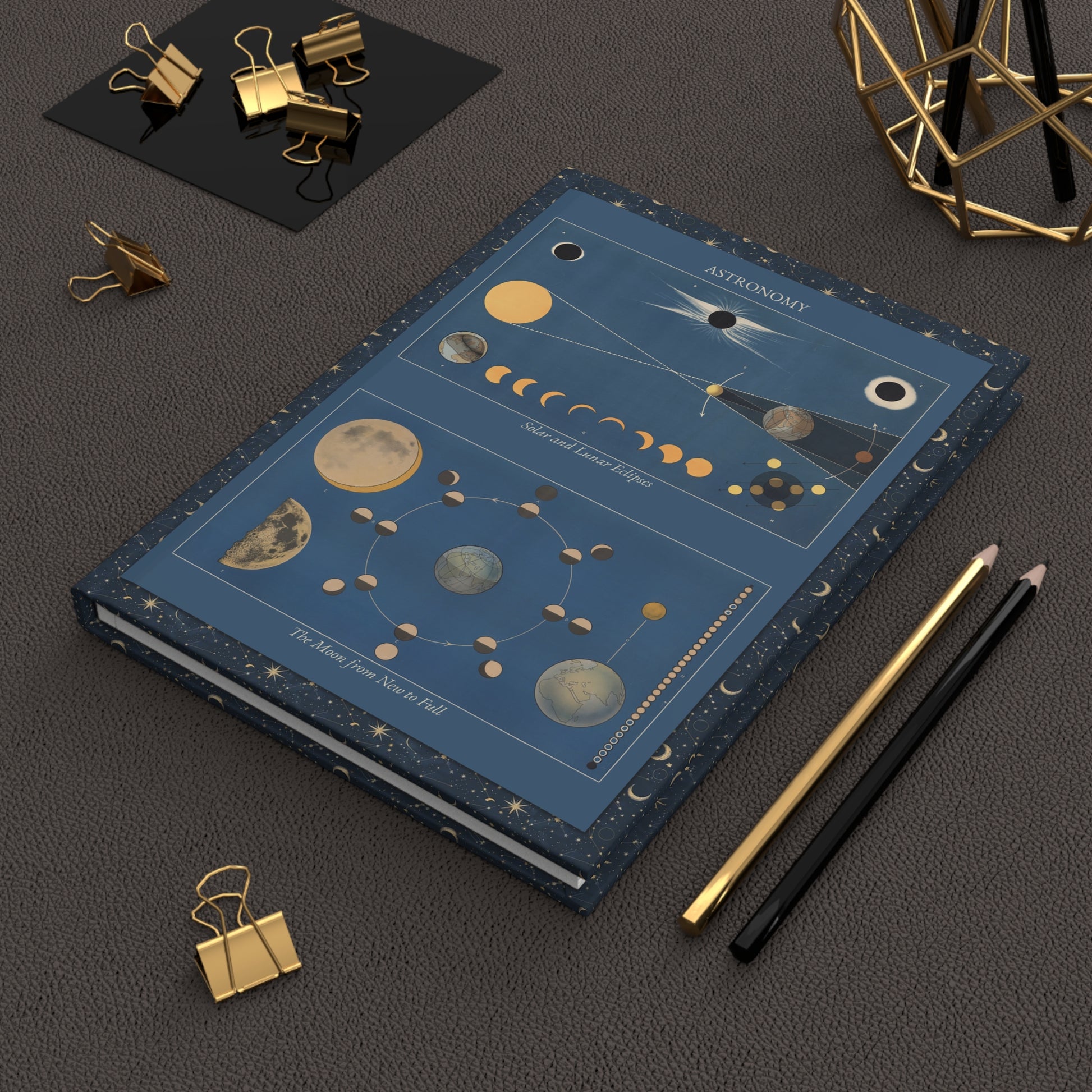Astronomy hardcover journal in lifestyle setting, premium matte finish journal featuring vintage Swedish celestial mechanics education art, elegant stationery for astronomers and stargazers - LeBonJournal