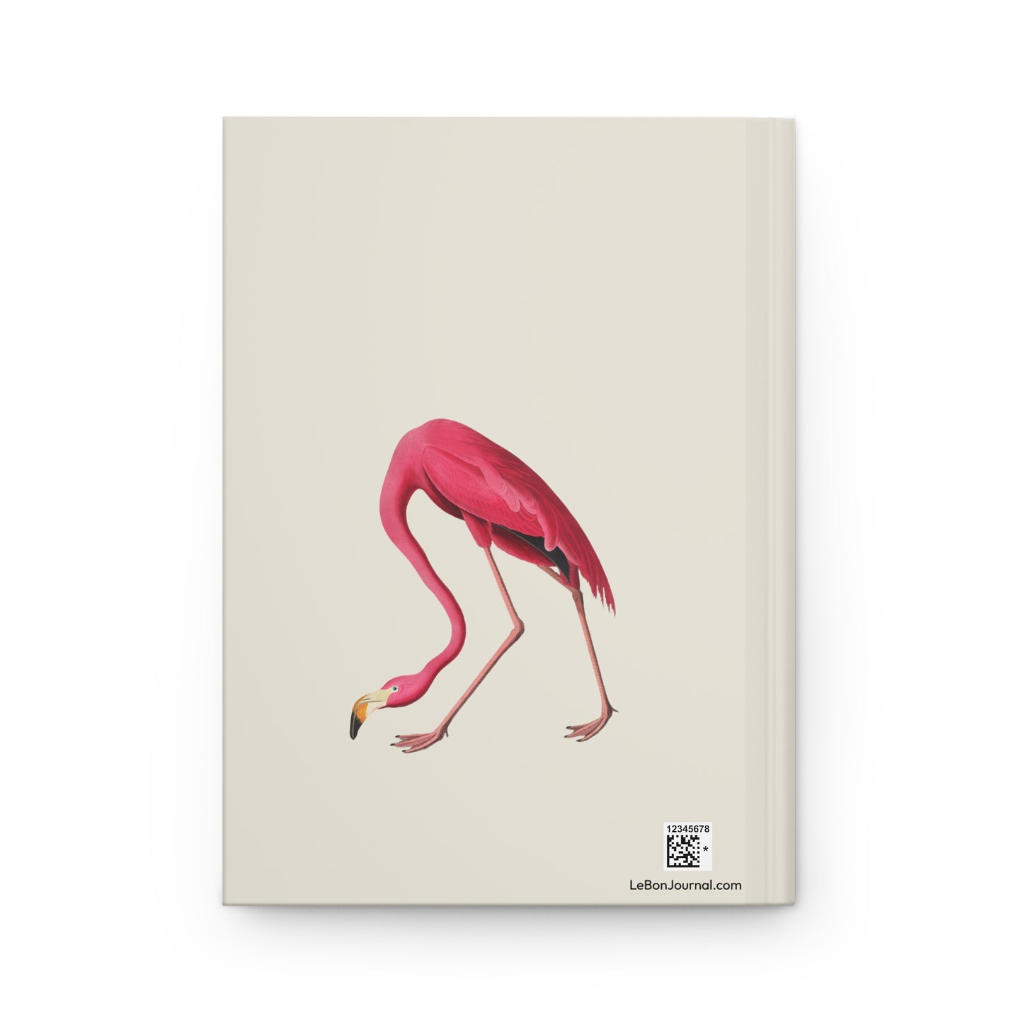 Back cover of Audubon Flamingo journal featuring cropped American Flamingo detail on cream background showcasing elegant bird form and pink coloring with production QR code - LeBonJournal