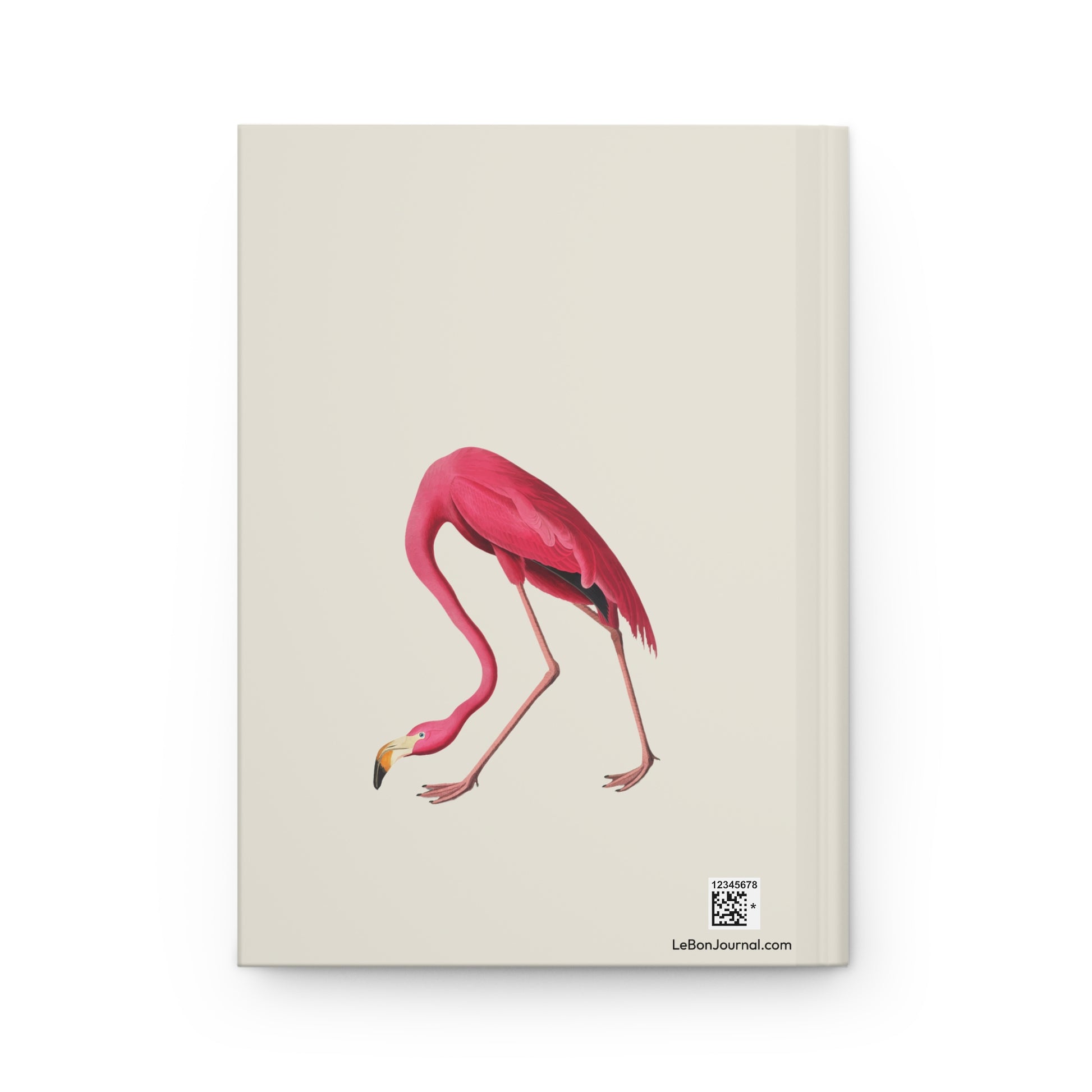 Back cover of Audubon Flamingo journal featuring cropped American Flamingo detail on cream background showcasing elegant bird form and pink coloring with production QR code - LeBonJournal
