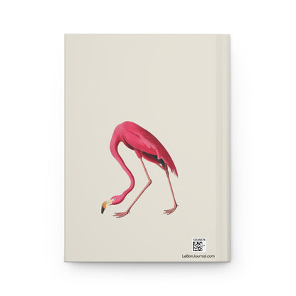 Back cover of Audubon Flamingo journal featuring cropped American Flamingo detail on cream background showcasing elegant bird form and pink coloring with production QR code - LeBonJournal