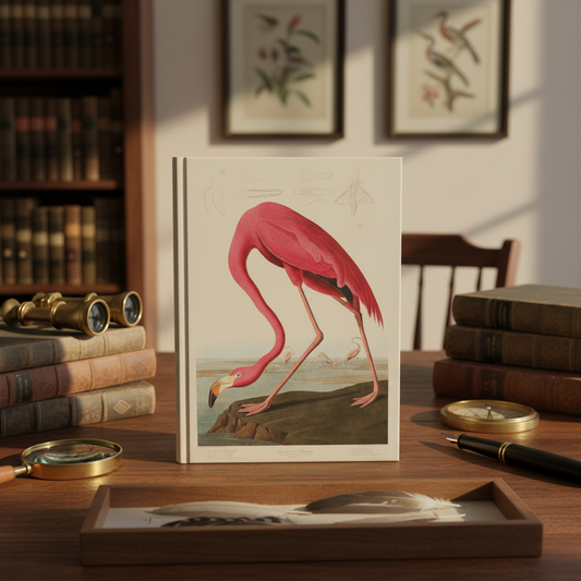 Audubon American Flamingo hardcover journal standing on vintage naturalist desk with binoculars, magnifying glass, field guides, pressed feathers, brass compass, warm scholarly light, ornithology stationery for bird watchers and Audubon enthusiasts - LeBonJournal