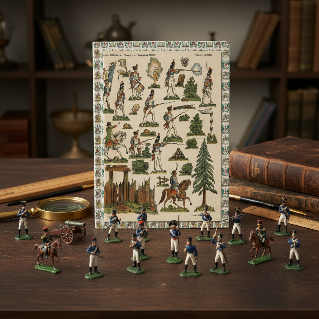 August Schultz 1910 Wagram journal standing upright surrounded by vintage Napoleonic lead toy soldiers in tactical formations on collector's table - LeBonJournal