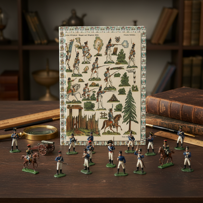 August Schultz 1910 Wagram journal standing upright surrounded by vintage Napoleonic lead toy soldiers in tactical formations on collector's table - LeBonJournal
