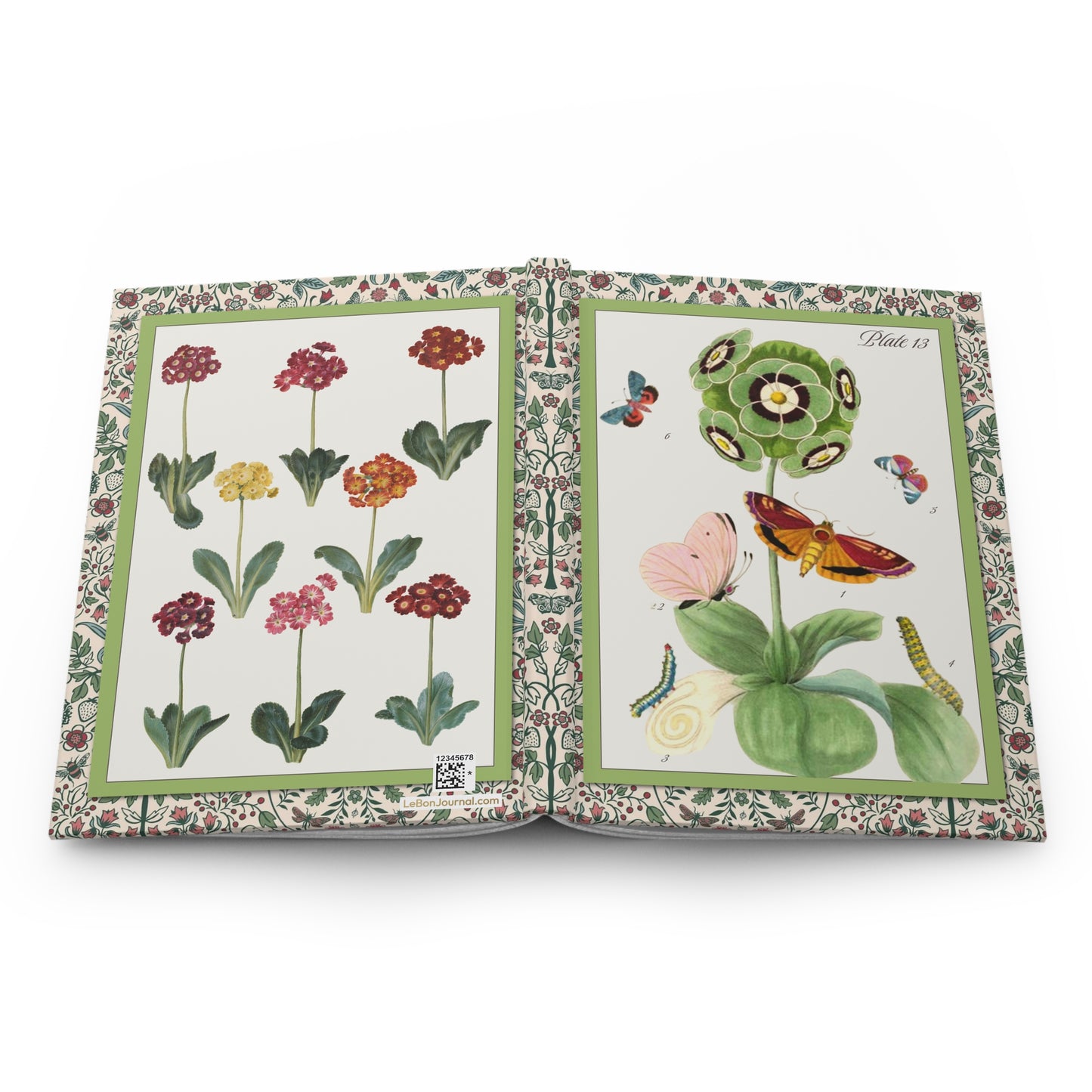 Auricula hardcover journal spine and full-wrap Nederlandsch Bloemwerk 1794 and Gottorfer Codex 1649 botanical panoramic design - LeBonJournal