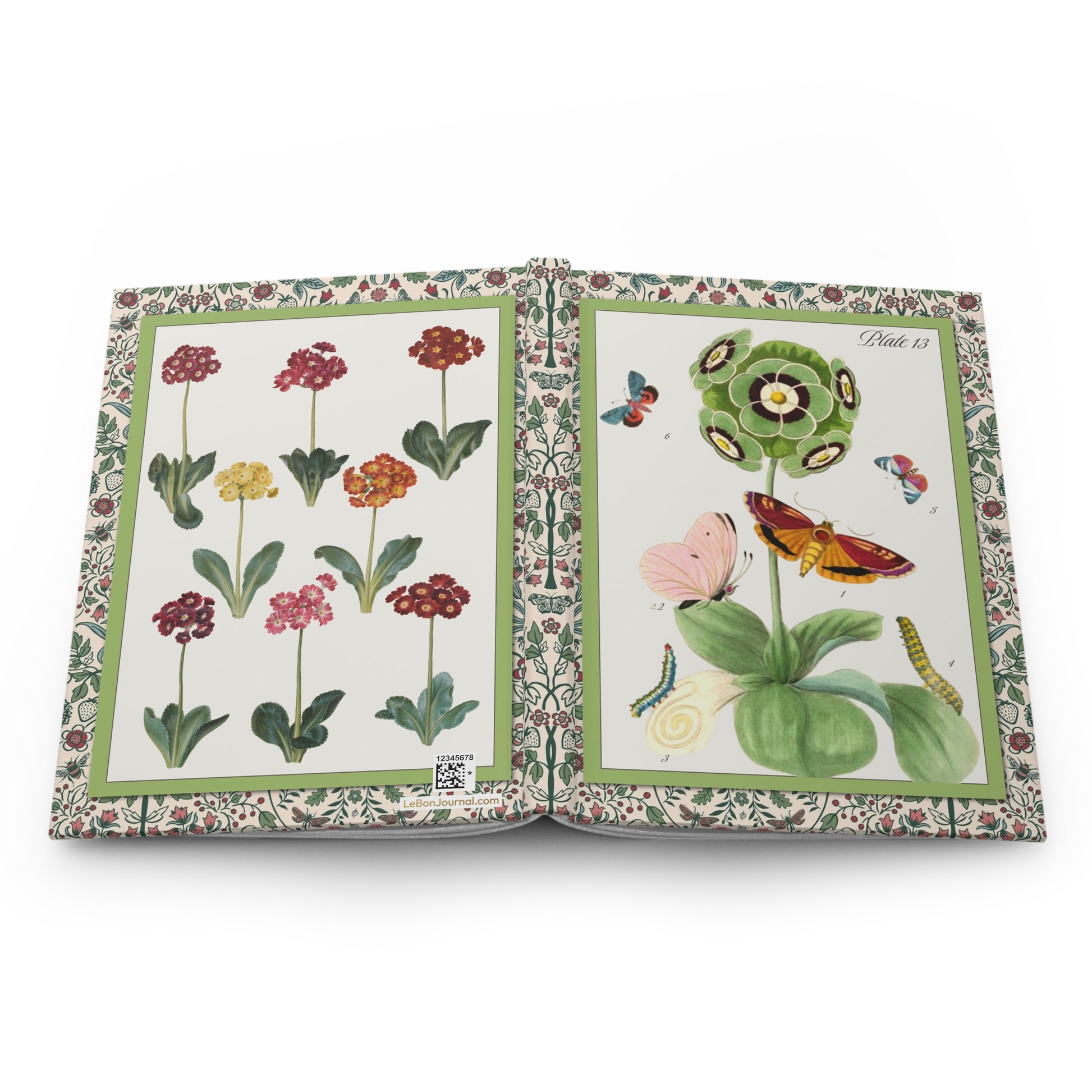 Auricula hardcover journal spine and full-wrap Nederlandsch Bloemwerk 1794 and Gottorfer Codex 1649 botanical panoramic design - LeBonJournal
