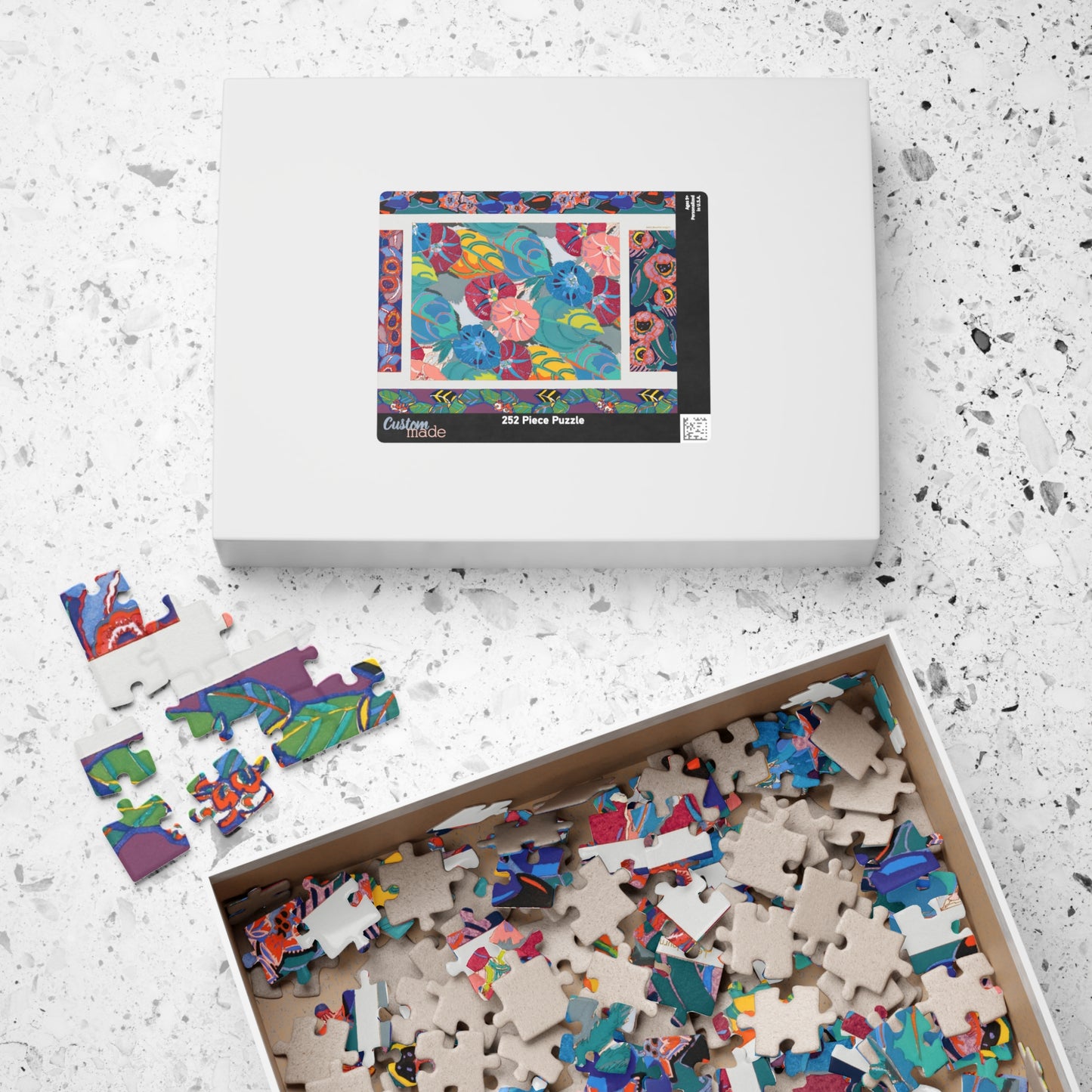 Bénédictus 1928 Variation 15 vintage floral puzzle box with pieces and Variation 15 motif printed on lid - LeBonJournal
