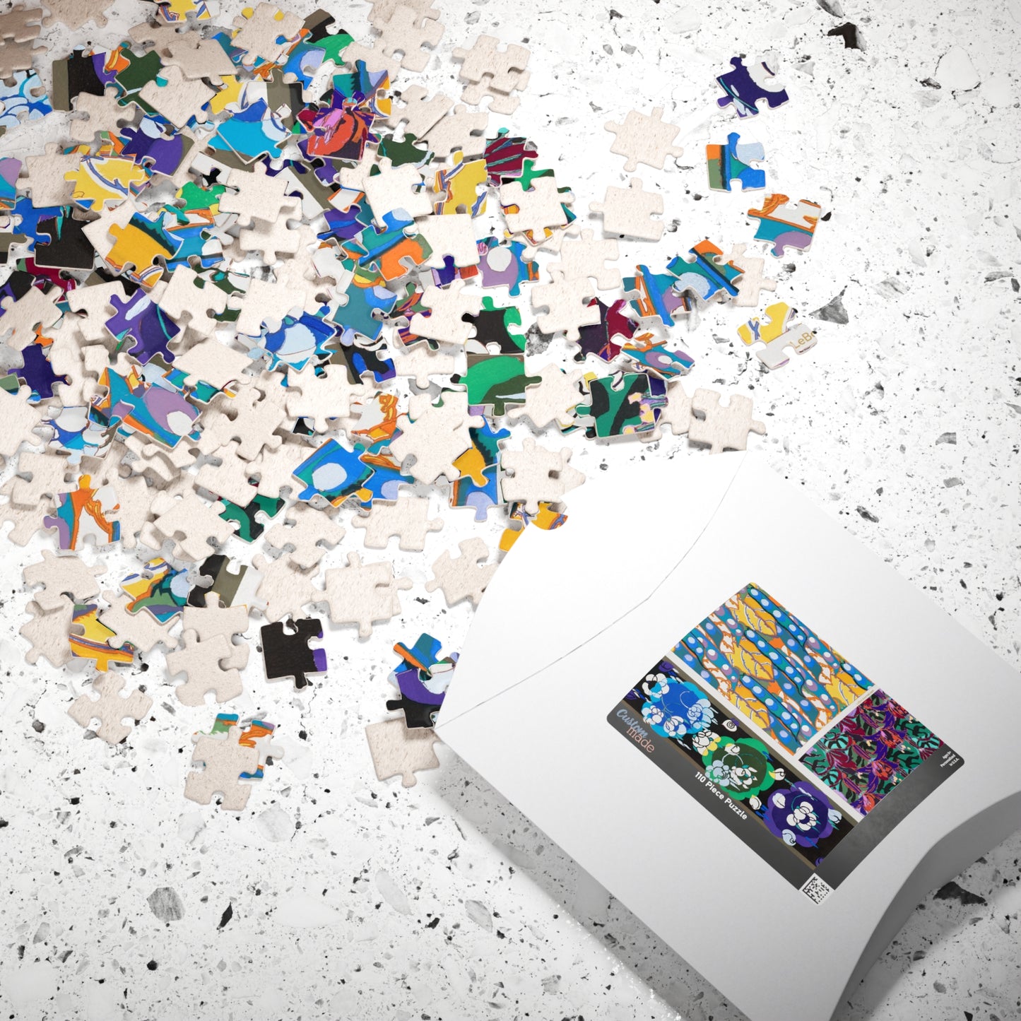 Bénédictus 1928 Variation 5 colorful Art Déco puzzle box with pieces and Variation 5 motif printed on lid - LeBonJournal