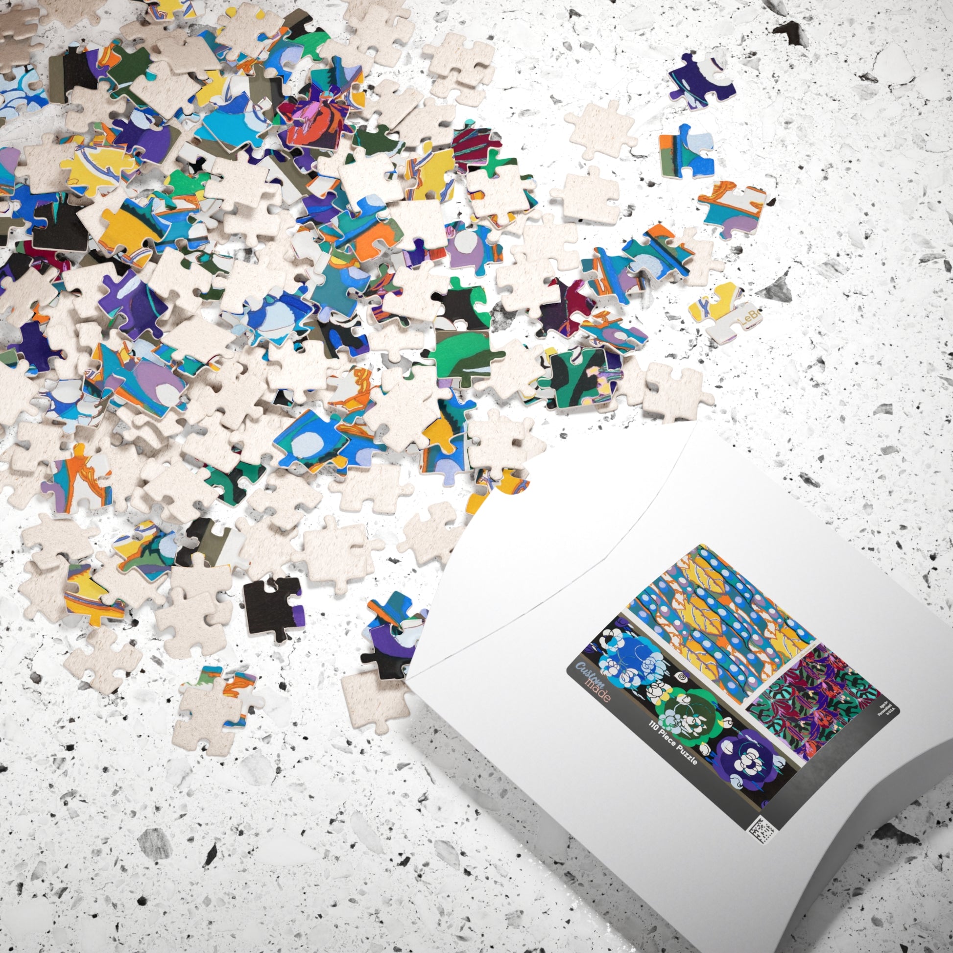 Bénédictus 1928 Variation 5 colorful Art Déco puzzle box with pieces and Variation 5 motif printed on lid - LeBonJournal