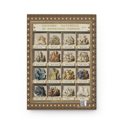 Back cover of hardcover journal featuring Swebach-Desfontaines 1789 mineralogy Plate 2 with spar and zeolite mineral specimens - LeBonJournal
