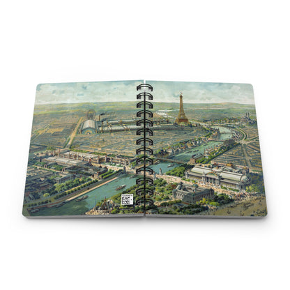 Baylac 1900 Exposition Universelle spiral journal open showing complete Vue panoramique Paris panorama across front and back covers - LeBonJournal