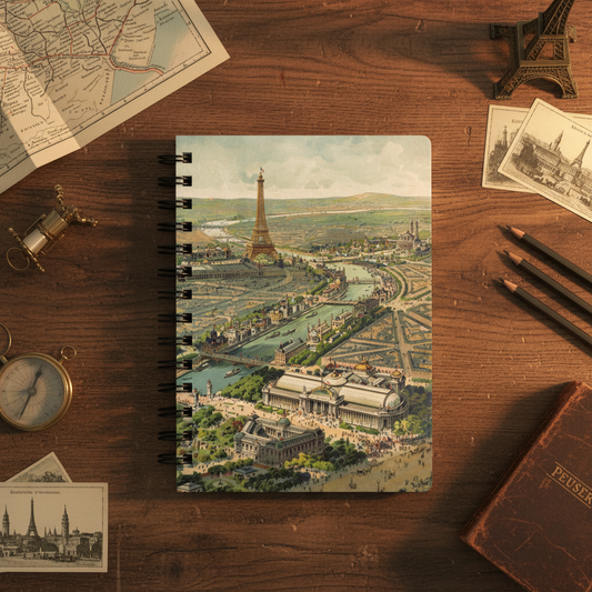 Baylac 1900 Exposition Universelle spiral journal on dark oak desk with Paris map vintage postcards brass Eiffel Tower compass and Peuser travel guide - LeBonJournal