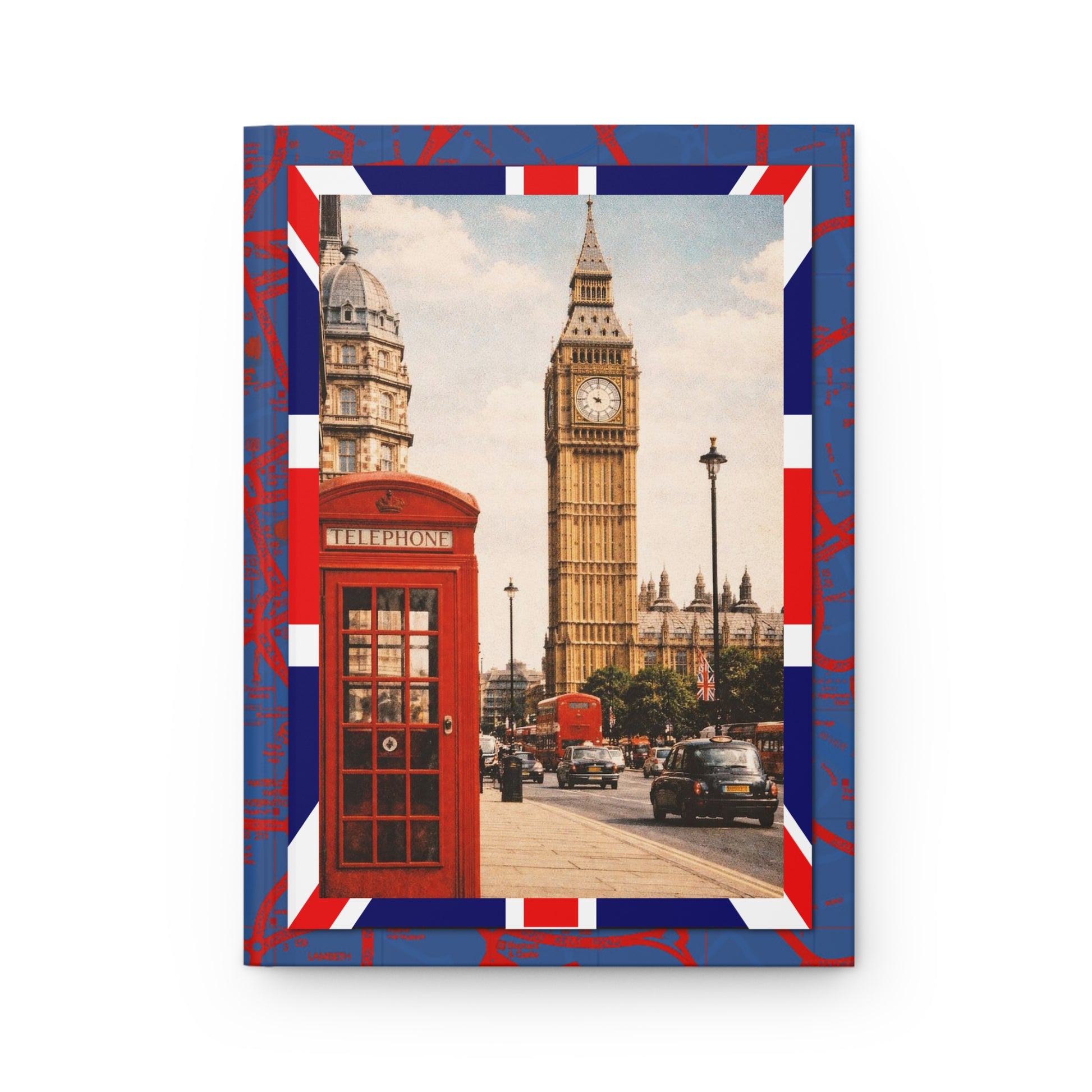 Big Ben Parliament Square London front cover with red telephone box K6 double-decker bus black cab Union Jack map background - LeBonJournal