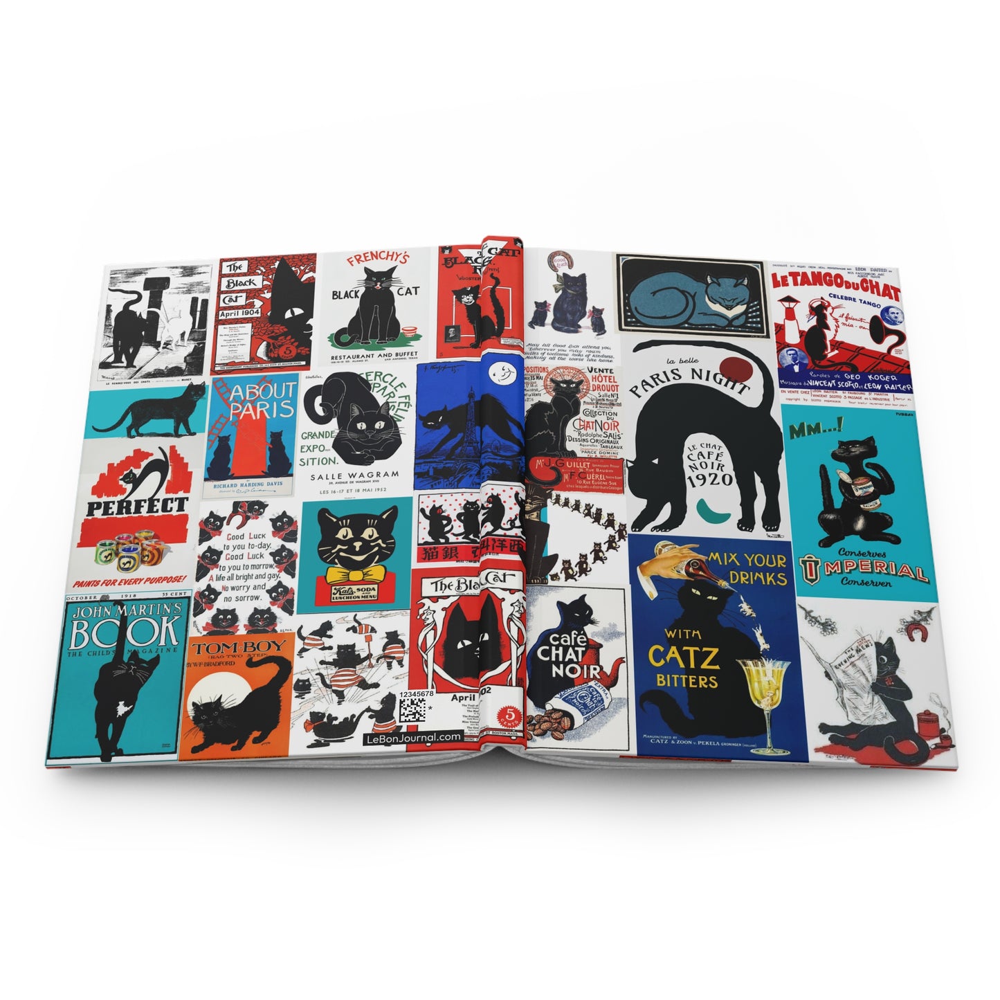 Black cats collage hardcover journal spine and full-wrap vintage 1898-1920s Le Chat Noir Paris ephemera design - LeBonJournal
