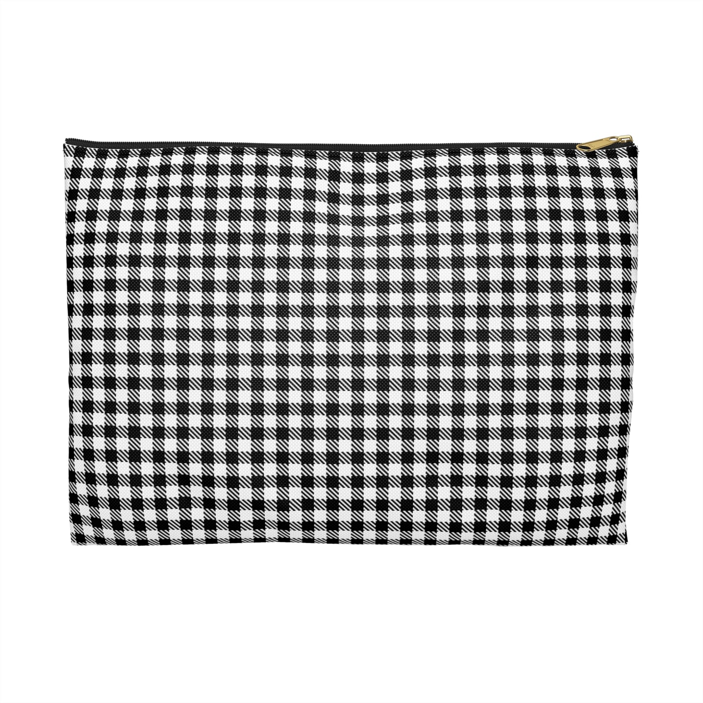 Black and white gingham accessory pouch front view with classic vichy check pattern and black zipper, gold puller - LeBonJournal