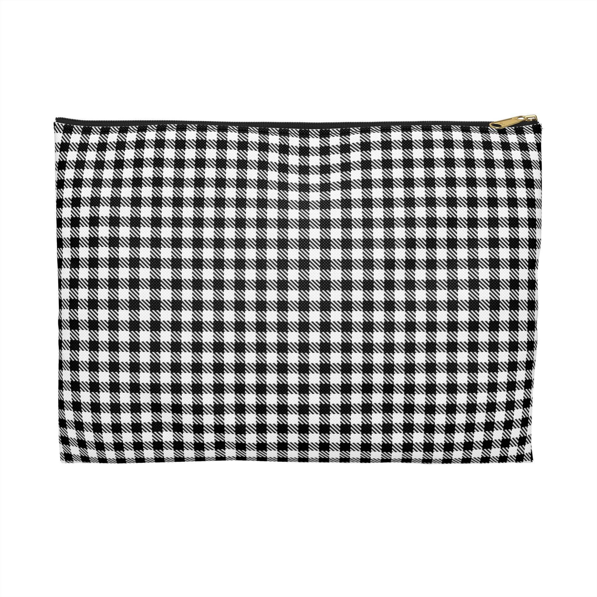 Black and white gingham accessory pouch front view with classic vichy check pattern and black zipper, gold puller - LeBonJournal