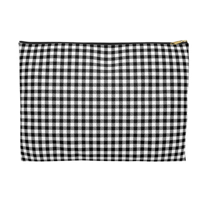 Black and white gingham accessory pouch front view with classic vichy check pattern and black zipper, gold puller - LeBonJournal