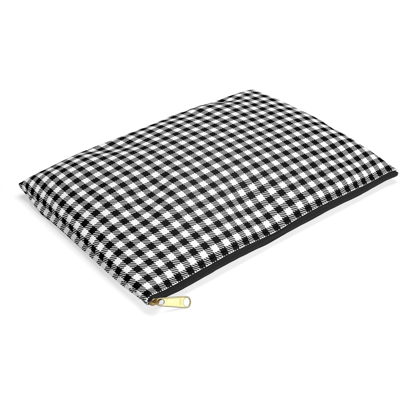 Black and white gingham accessory pouch large size angled view showing classic vichy check pattern and black zipper, gold puller - LeBonJournal
