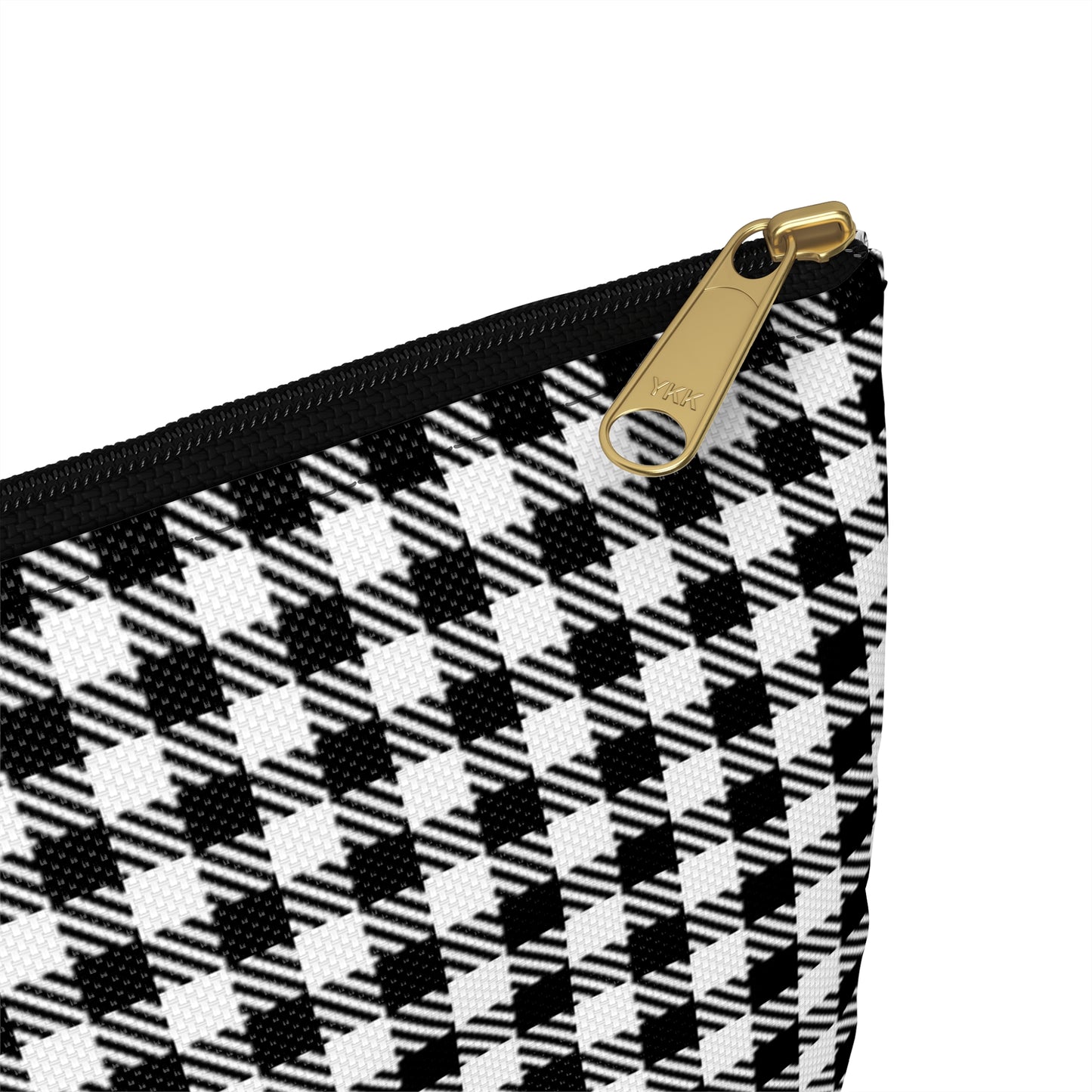 Close-up detail of black zipper and gold puller on black and white gingham accessory pouch small size - LeBonJournal