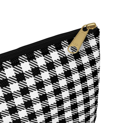 Close-up detail of black zipper and gold puller on black and white gingham accessory pouch small size - LeBonJournal