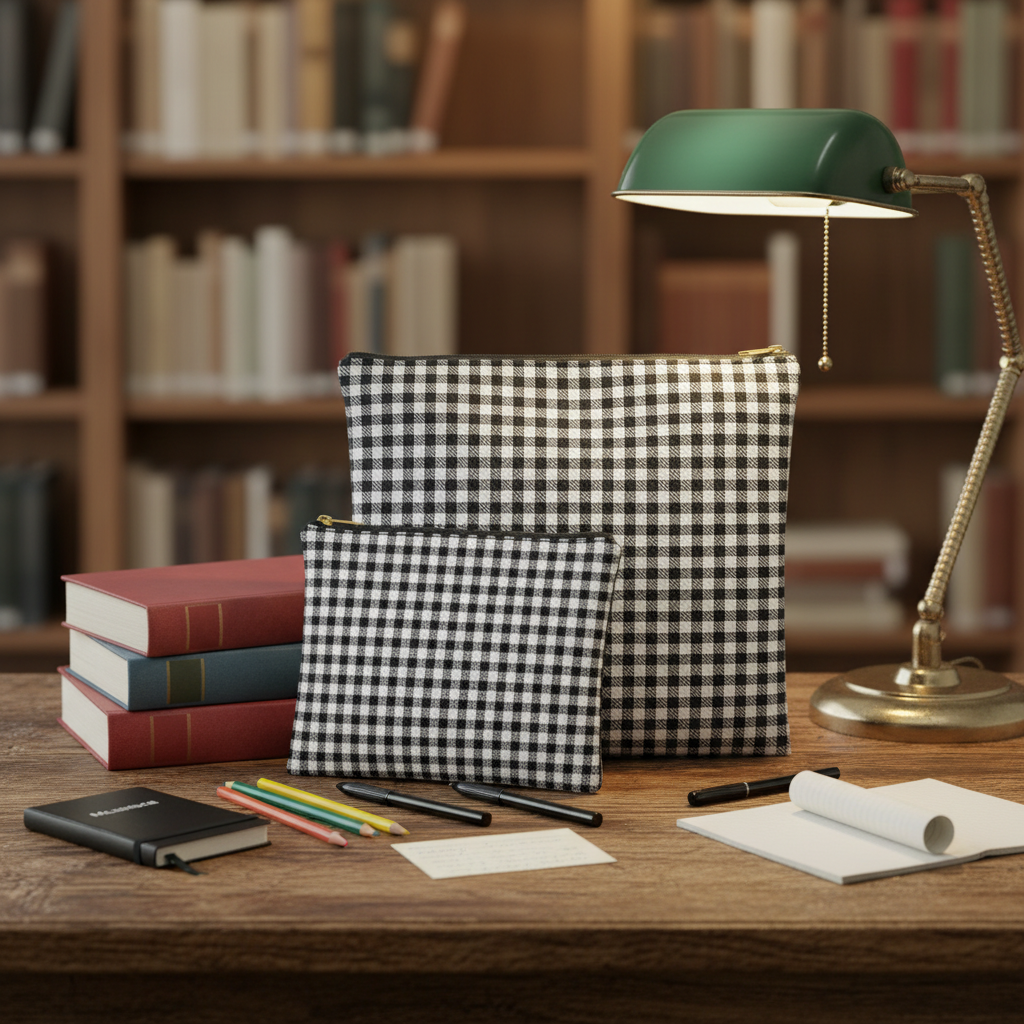 Black and white gingham accessory pouches small and large leaning against books in library with pencils, pocket journal and notepad - LeBonJournal
