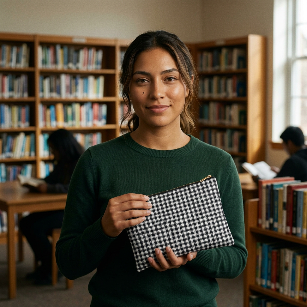Young woman smiling and holding black and white gingham accessory pouch with classic vichy check pattern in library - LeBonJournal