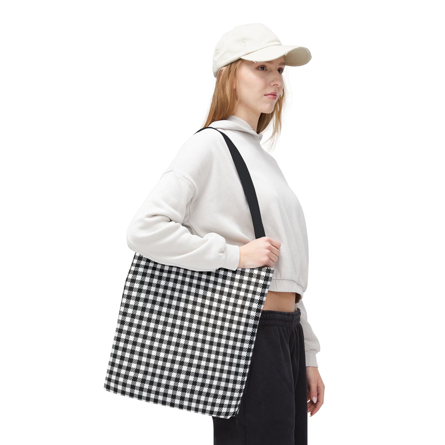 Young woman wearing black and white gingham tote bag 16×16 on shoulder with vichy check pattern - LeBonJournal