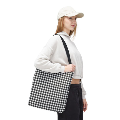 Young woman wearing black and white gingham tote bag 16×16 on shoulder with vichy check pattern - LeBonJournal