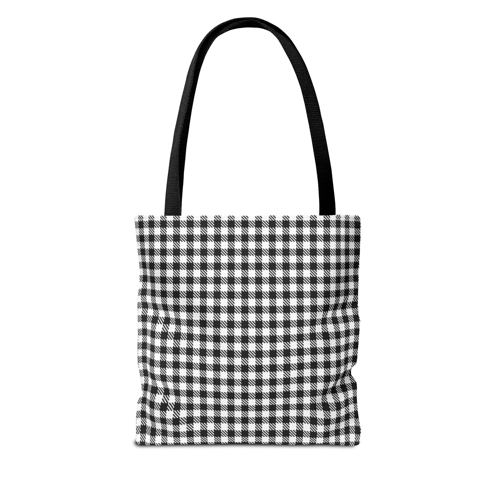 Black and white vichy gingham tote bag back view with small check all-over print and reinforced handles - LeBonJournal