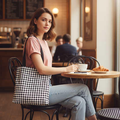 Young woman in pink t-shirt at café with black and white gingham vichy tote bag - LeBonJournal