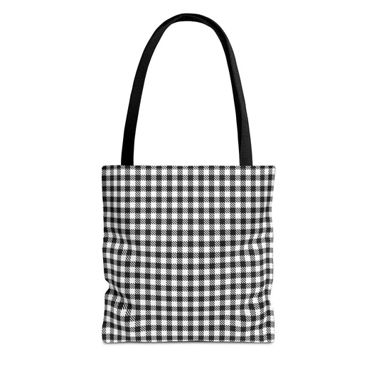 Black and white vichy gingham tote bag front view with small check all-over print and black handles - LeBonJournal