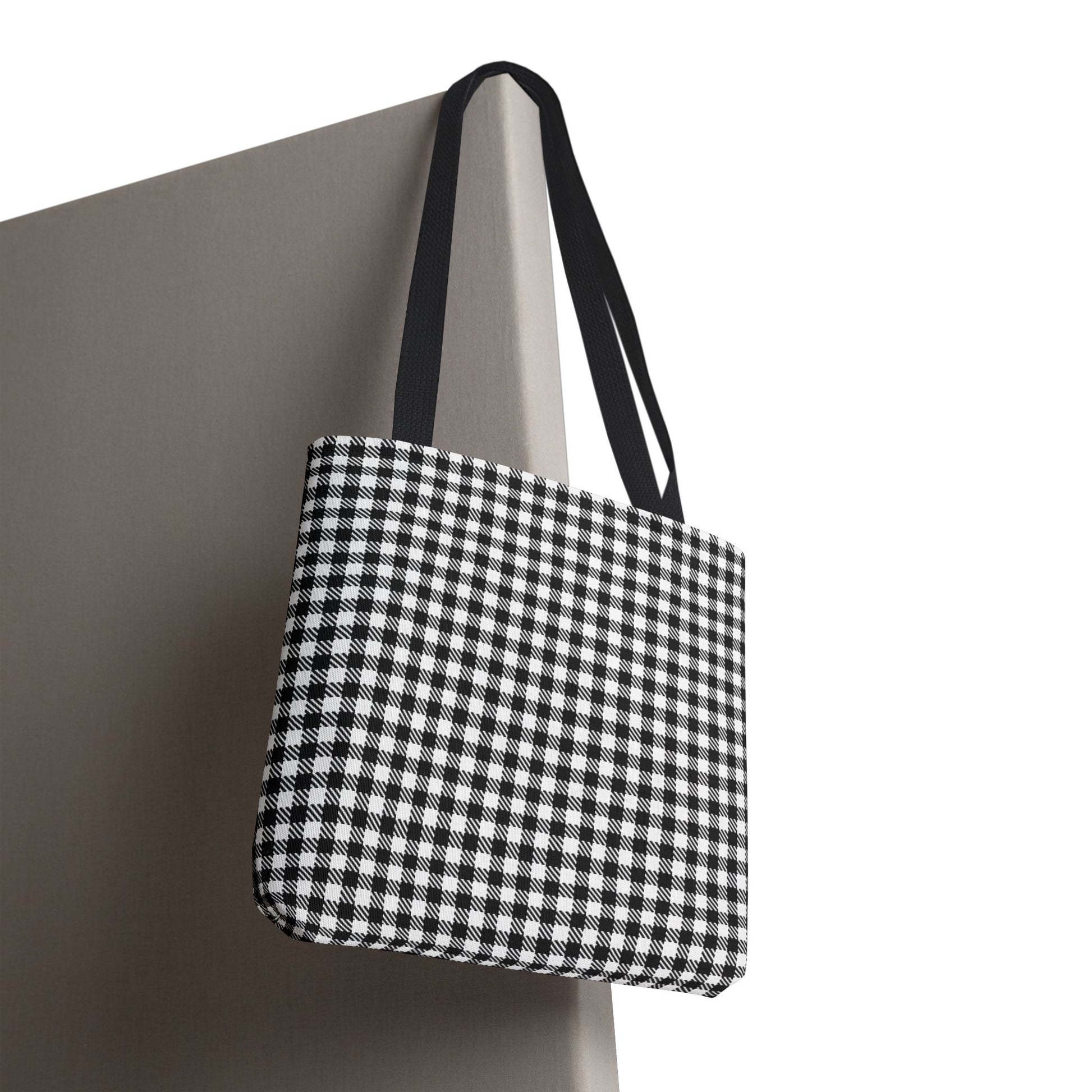 Black and white vichy gingham tote bag hanging showing full front check pattern and black handles - LeBonJournal