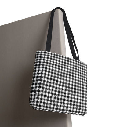 Black and white vichy gingham tote bag hanging showing full front check pattern and black handles - LeBonJournal
