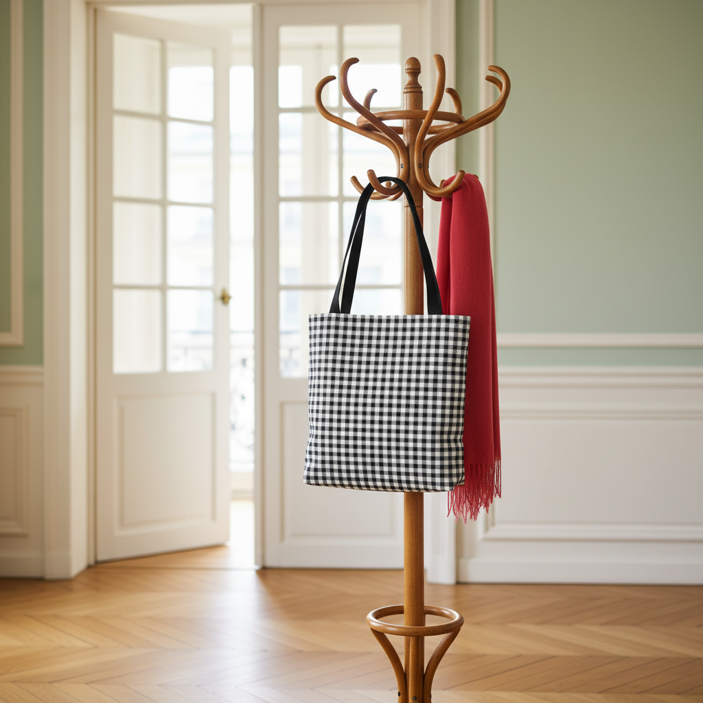 Black and white gingham tote bag hanging on Thonet coat stand with red scarf in Parisian apartment - LeBonJournal