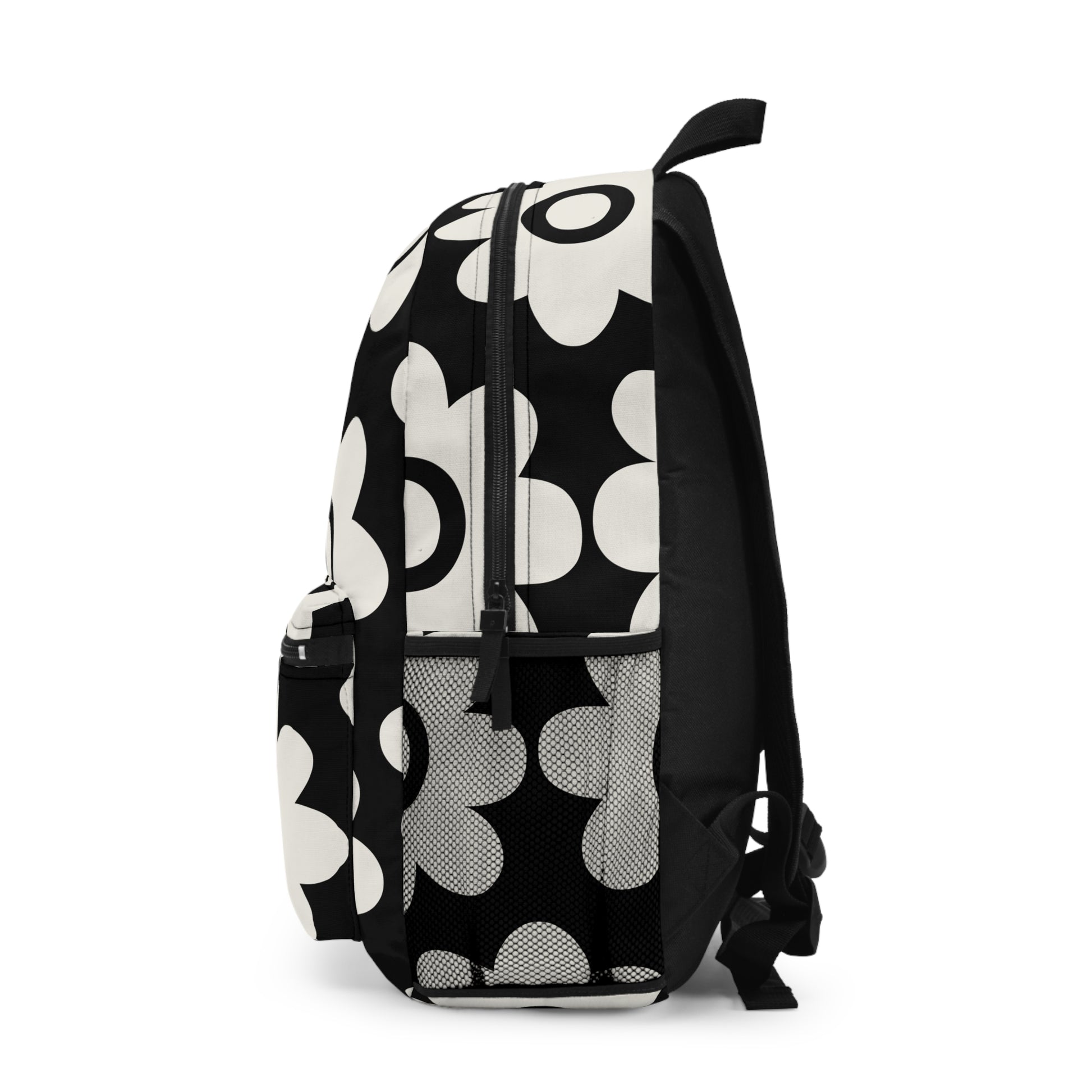 Bold retro daisy backpack left side showing mesh water bottle pocket - LeBonJournal